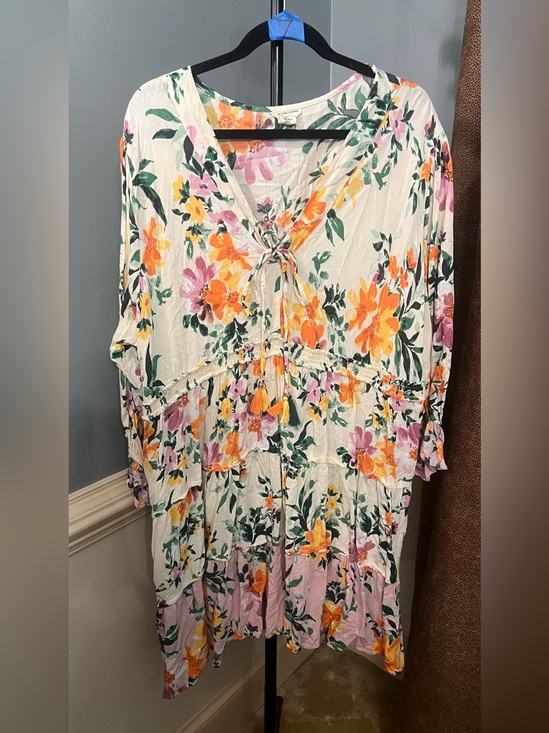 Romantic Gypsy Dresses & Skirts - Women's Floral Tie-Front Tunic Dress — White with Orange, Pink & Green Floral
